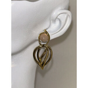 Vintage Trifari Signed Pink Cabochon Gold Tone Earrings Dangle Pierced Studs